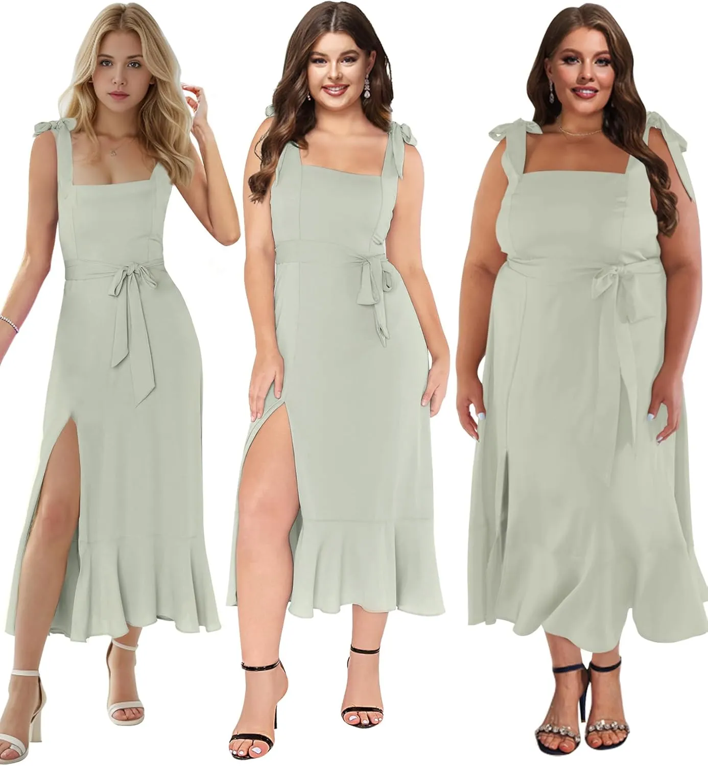 MllesReve Women Midi Dresses Square Neck Side Slit Ruffle Smock Dresses Elegant Formal Evening Wedding Guest Dresses