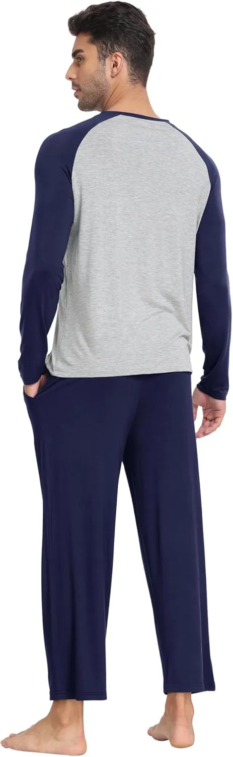 MoFiz Mens Pajama Sets Comfy Long Sleeve Sleepwear Top Solid Pyjama Pants with Pocket 2 Piece Loungewear PJs Sets for Men