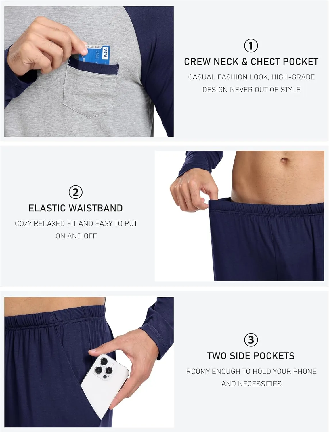 MoFiz Mens Pajama Sets Comfy Long Sleeve Sleepwear Top Solid Pyjama Pants with Pocket 2 Piece Loungewear PJs Sets for Men