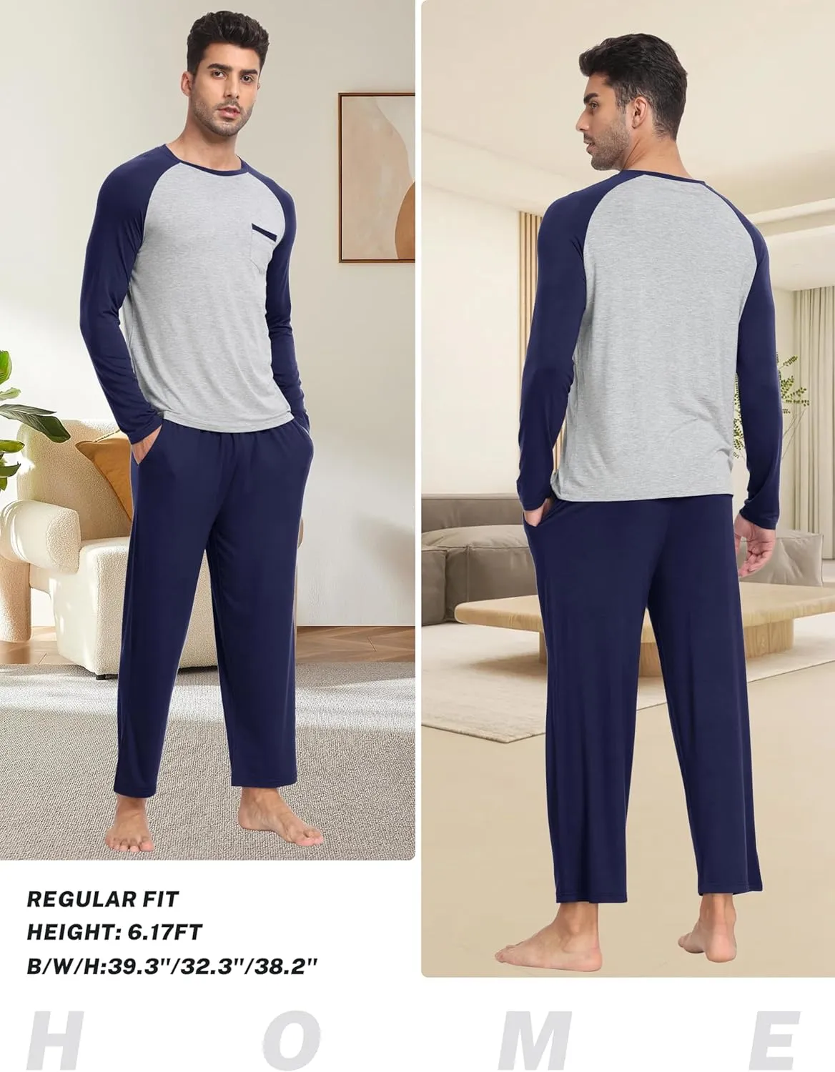 MoFiz Mens Pajama Sets Comfy Long Sleeve Sleepwear Top Solid Pyjama Pants with Pocket 2 Piece Loungewear PJs Sets for Men