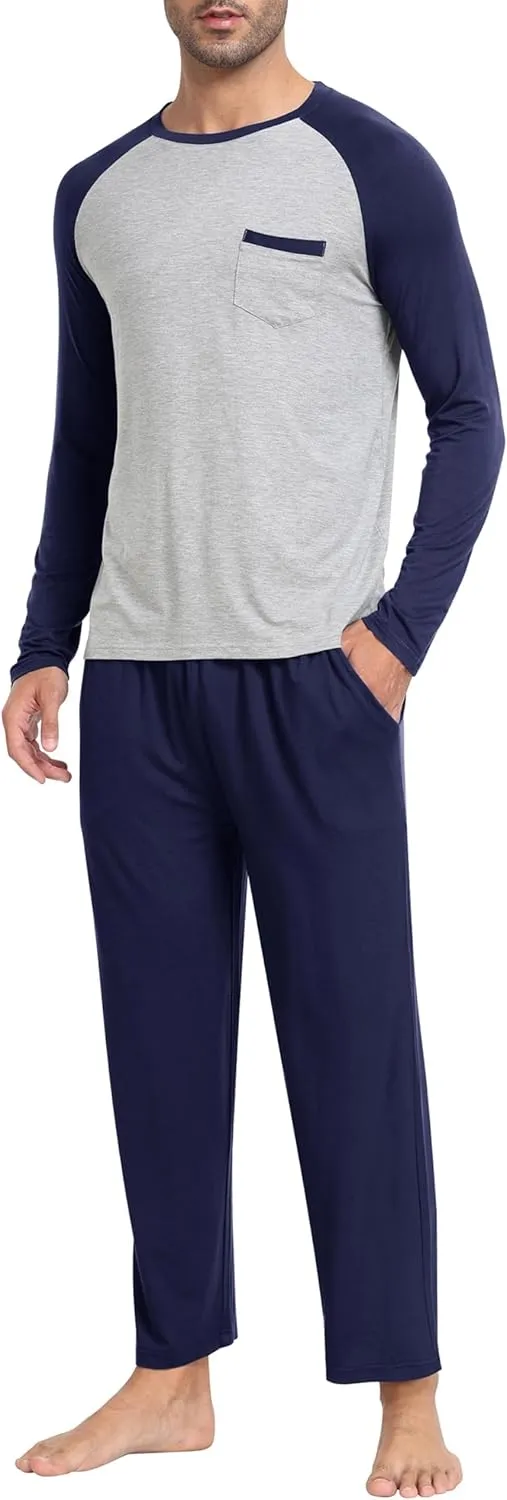 MoFiz Mens Pajama Sets Comfy Long Sleeve Sleepwear Top Solid Pyjama Pants with Pocket 2 Piece Loungewear PJs Sets for Men
