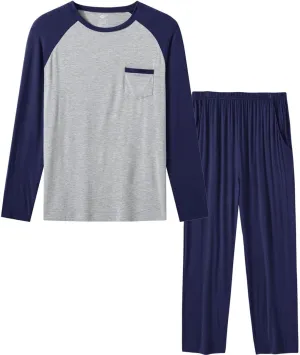 MoFiz Mens Pajama Sets Comfy Long Sleeve Sleepwear Top Solid Pyjama Pants with Pocket 2 Piece Loungewear PJs Sets for Men