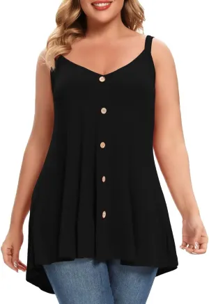 MONNURO Plus Size Camisole V Neck Button Cami Tank Tops Women's Sleeveless T-Shirt Tunics