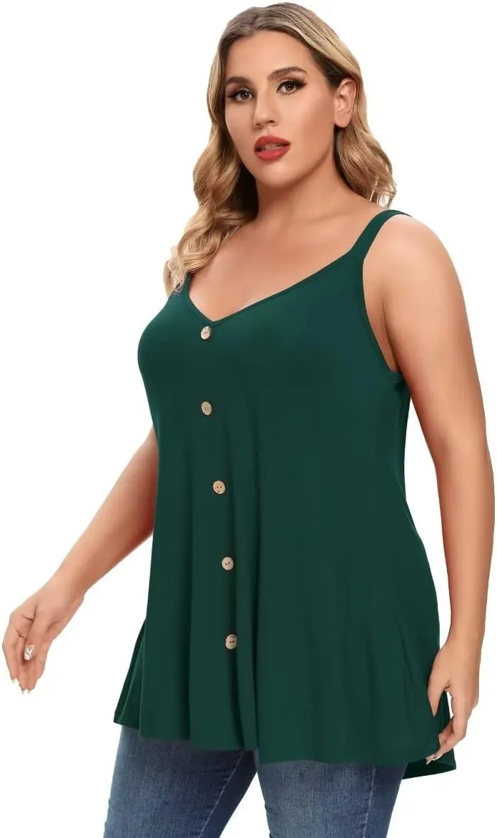 MONNURO Plus Size Camisole V Neck Button Cami Tank Tops Women's Sleeveless T-Shirt Tunics
