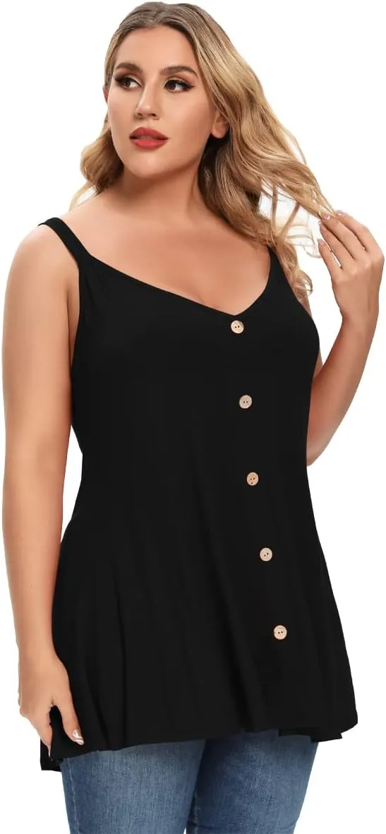 MONNURO Plus Size Camisole V Neck Button Cami Tank Tops Women's Sleeveless T-Shirt Tunics