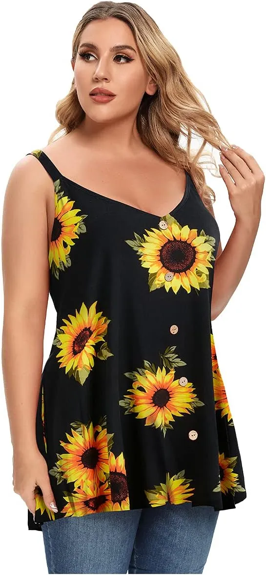 MONNURO Plus Size Camisole V Neck Button Cami Tank Tops Women's Sleeveless T-Shirt Tunics