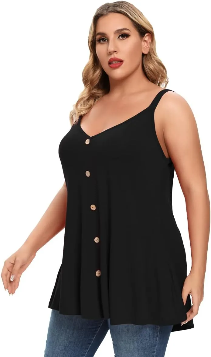 MONNURO Plus Size Camisole V Neck Button Cami Tank Tops Women's Sleeveless T-Shirt Tunics
