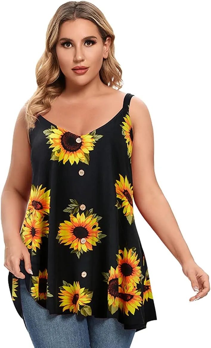 MONNURO Plus Size Camisole V Neck Button Cami Tank Tops Women's Sleeveless T-Shirt Tunics