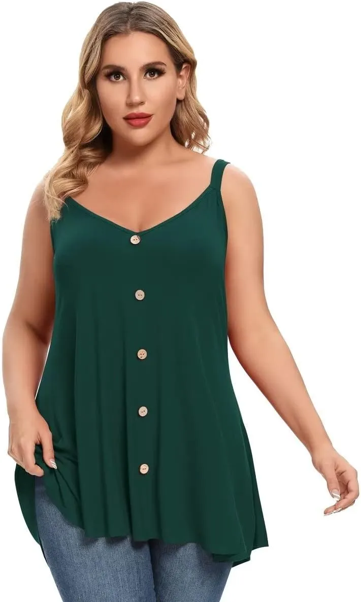 MONNURO Plus Size Camisole V Neck Button Cami Tank Tops Women's Sleeveless T-Shirt Tunics