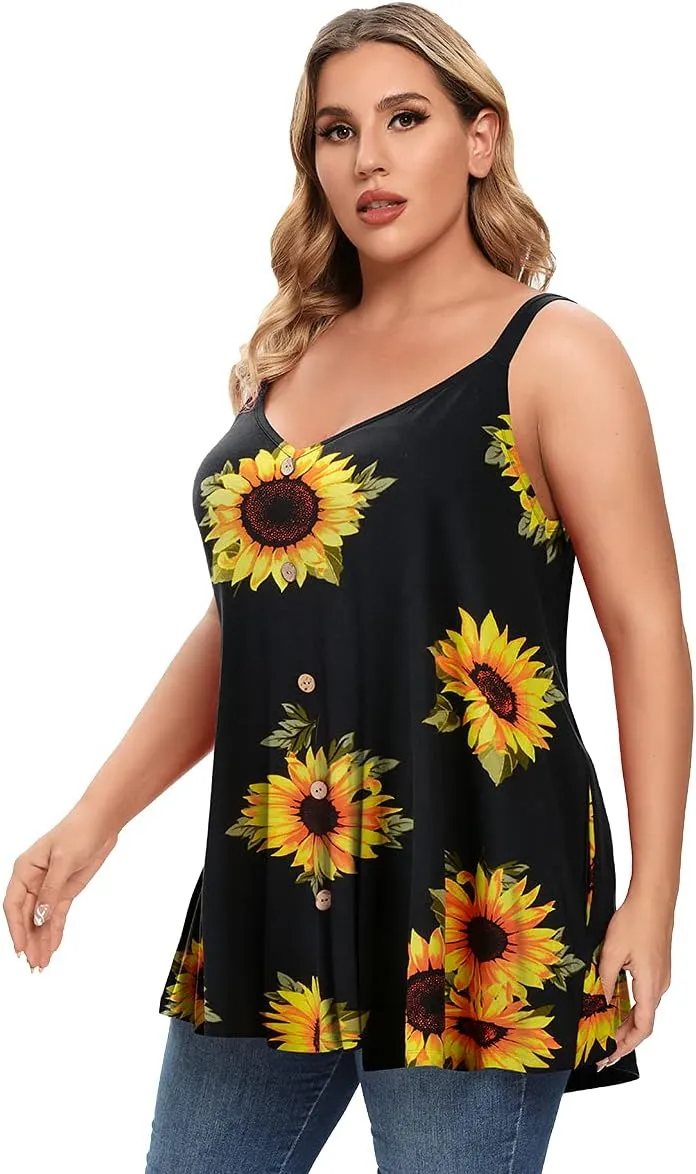 MONNURO Plus Size Camisole V Neck Button Cami Tank Tops Women's Sleeveless T-Shirt Tunics