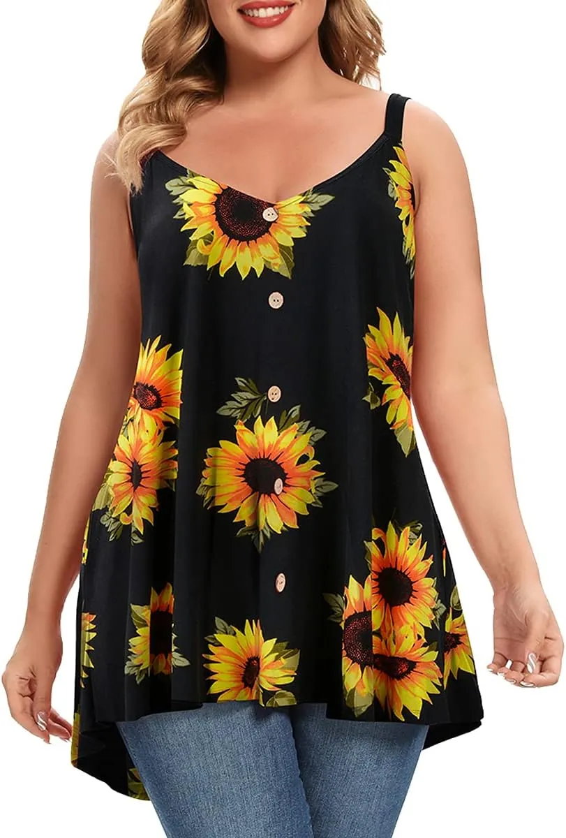 MONNURO Plus Size Camisole V Neck Button Cami Tank Tops Women's Sleeveless T-Shirt Tunics