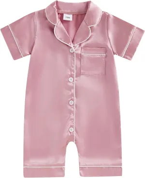 Multitrust Newborn Baby Girl Boy Silk Pajamas Rompers Button Down Short Sleeve Satin Infant Pjs One Piece Jumpsuit Shorts