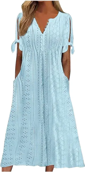 NaRHbrg Womens Summer Dress Casual Floral Print Midi Dress Button V Neck Short Sleeve Dresses Flowy Boho Beach Party Sundress