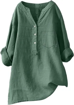 NBXNZWF Womens Casual Button V Neck Long Sleeve Shirts Oversized Cotton Linen Blouses Ladies Tunics Tshirts