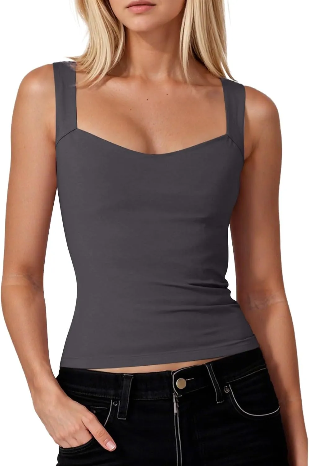 NBXNZWF Women's Sexy Tank Tops Sleeveless V Neck Double Lined Basic Tees Spaghetti Strap Slim Fit Y2K Crop Camisole Tops
