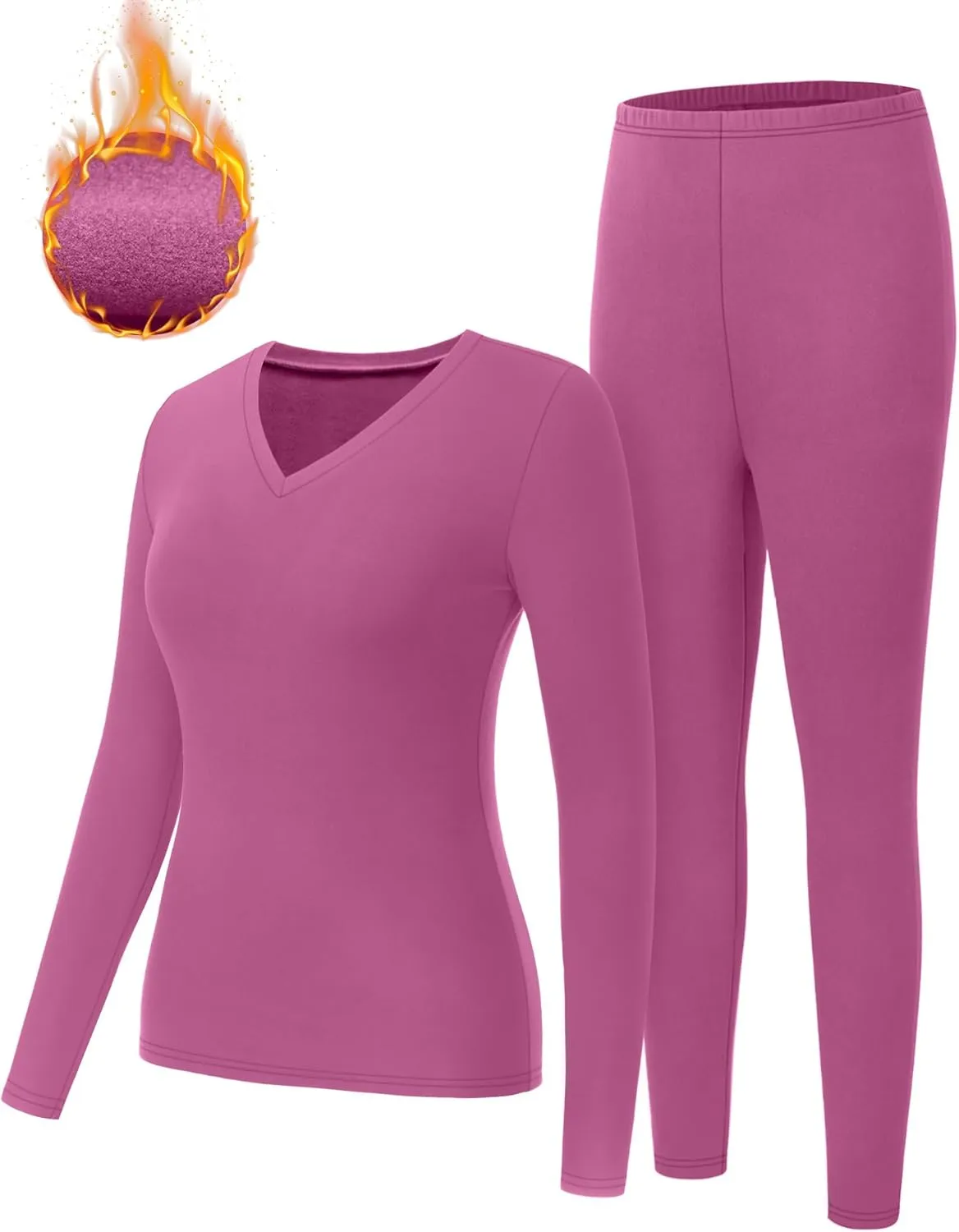 Neer 2 Sets Thermal Underwear for Women, V Neck Fleece Lined Base Layer Top and Bottom Soft Cold Weather Pajama Sets