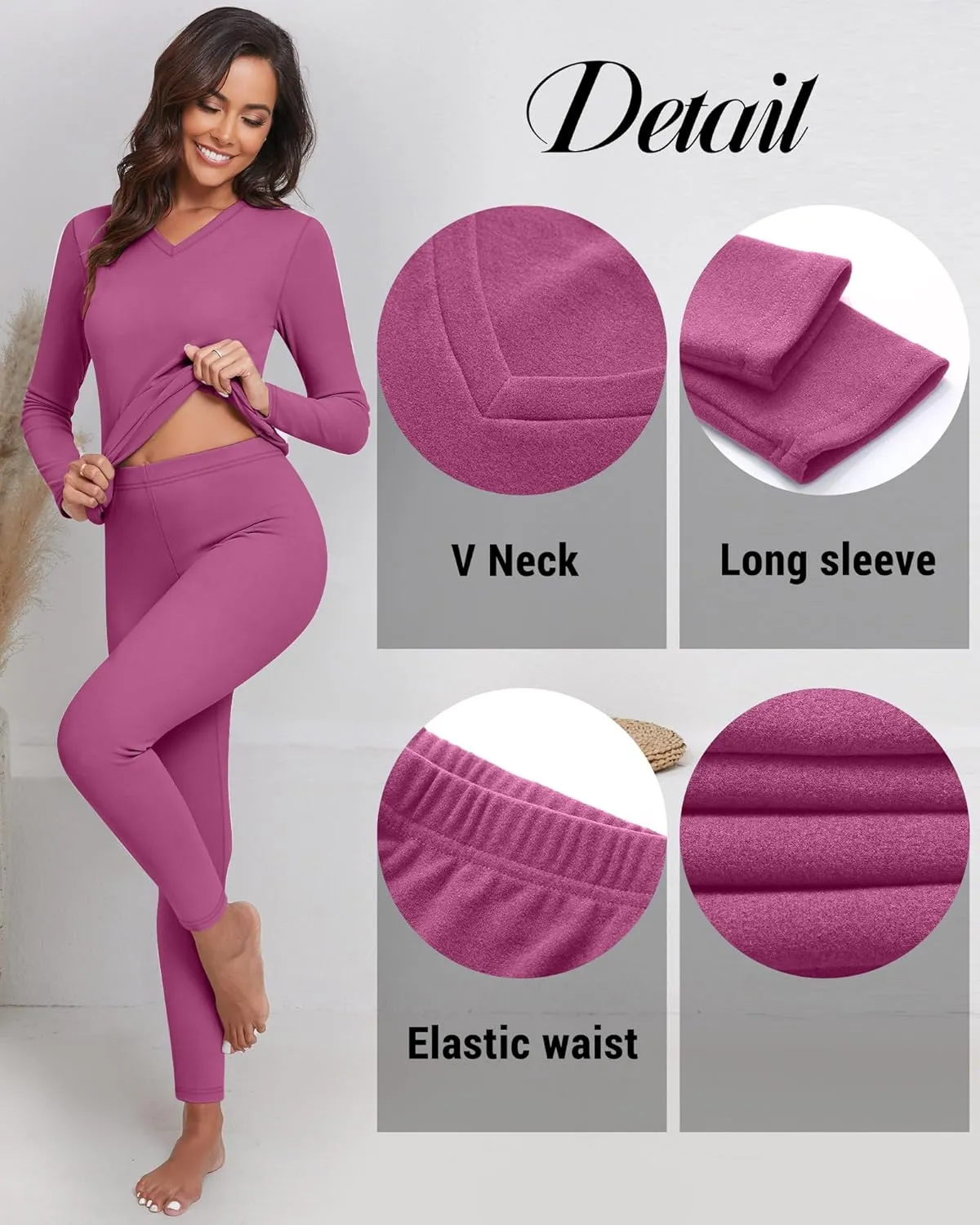 Neer 2 Sets Thermal Underwear for Women, V Neck Fleece Lined Base Layer Top and Bottom Soft Cold Weather Pajama Sets