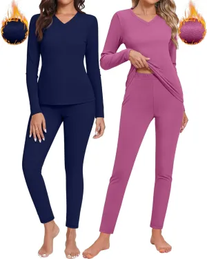 Neer 2 Sets Thermal Underwear for Women, V Neck Fleece Lined Base Layer Top and Bottom Soft Cold Weather Pajama Sets