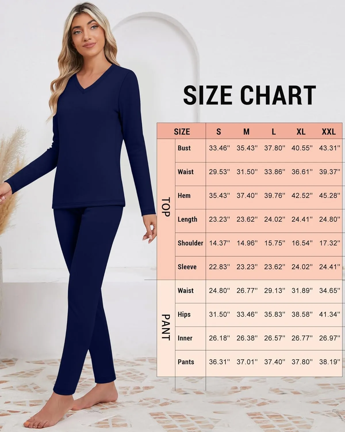 Neer 2 Sets Thermal Underwear for Women, V Neck Fleece Lined Base Layer Top and Bottom Soft Cold Weather Pajama Sets