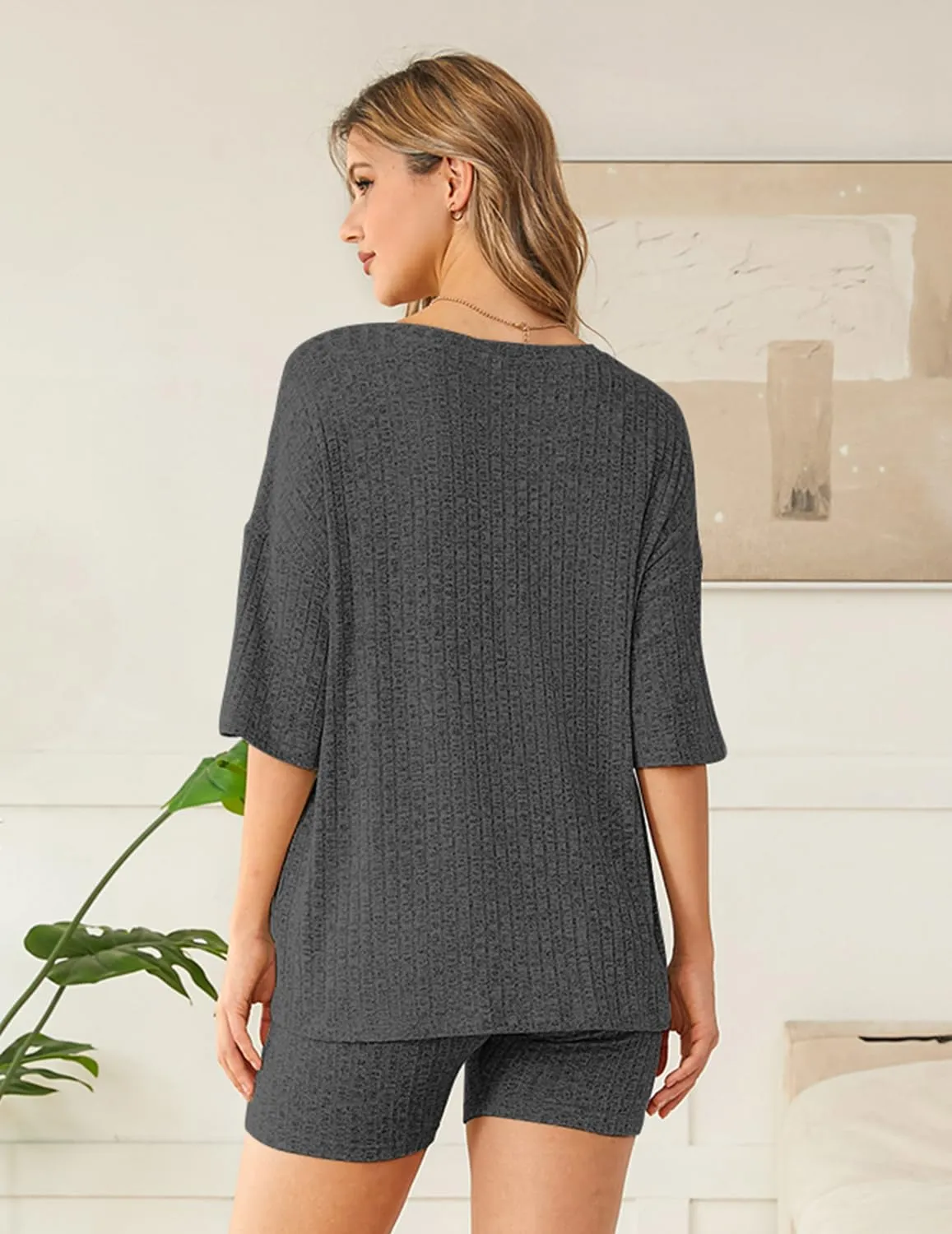 NORACORA Pajamas 2 Piece Lounge Sets Ribbed Knit for Women Matching T-shirt Shorts Outfits Sleepwear