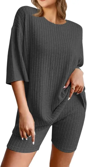 NORACORA Pajamas 2 Piece Lounge Sets Ribbed Knit for Women Matching T-shirt Shorts Outfits Sleepwear