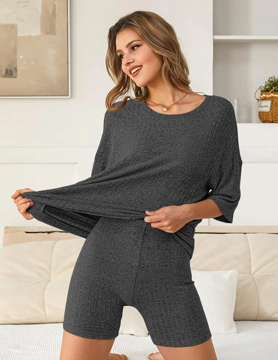 NORACORA Pajamas 2 Piece Lounge Sets Ribbed Knit for Women Matching T-shirt Shorts Outfits Sleepwear