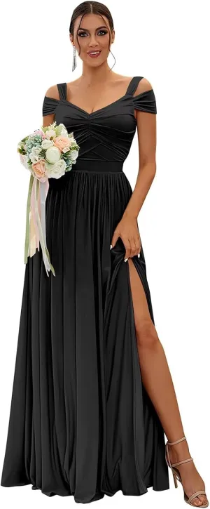 Off Shoulder Bridesmaid Dresses for Women Wedding Chiffon Formal Wedding Guest Dresses Maternity Dresses with Slit