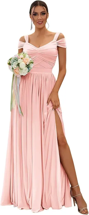 Off Shoulder Bridesmaid Dresses for Women Wedding Chiffon Formal Wedding Guest Dresses Maternity Dresses with Slit
