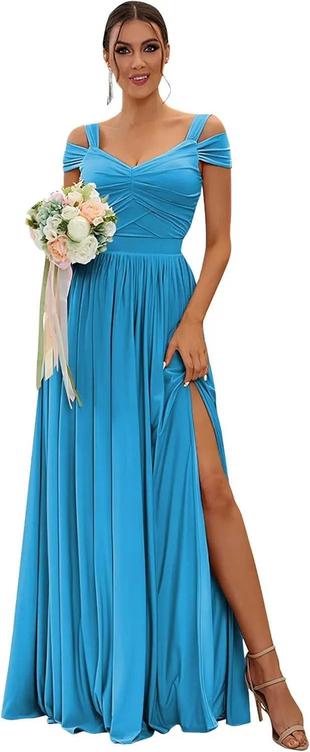 Off Shoulder Bridesmaid Dresses for Women Wedding Chiffon Formal Wedding Guest Dresses Maternity Dresses with Slit