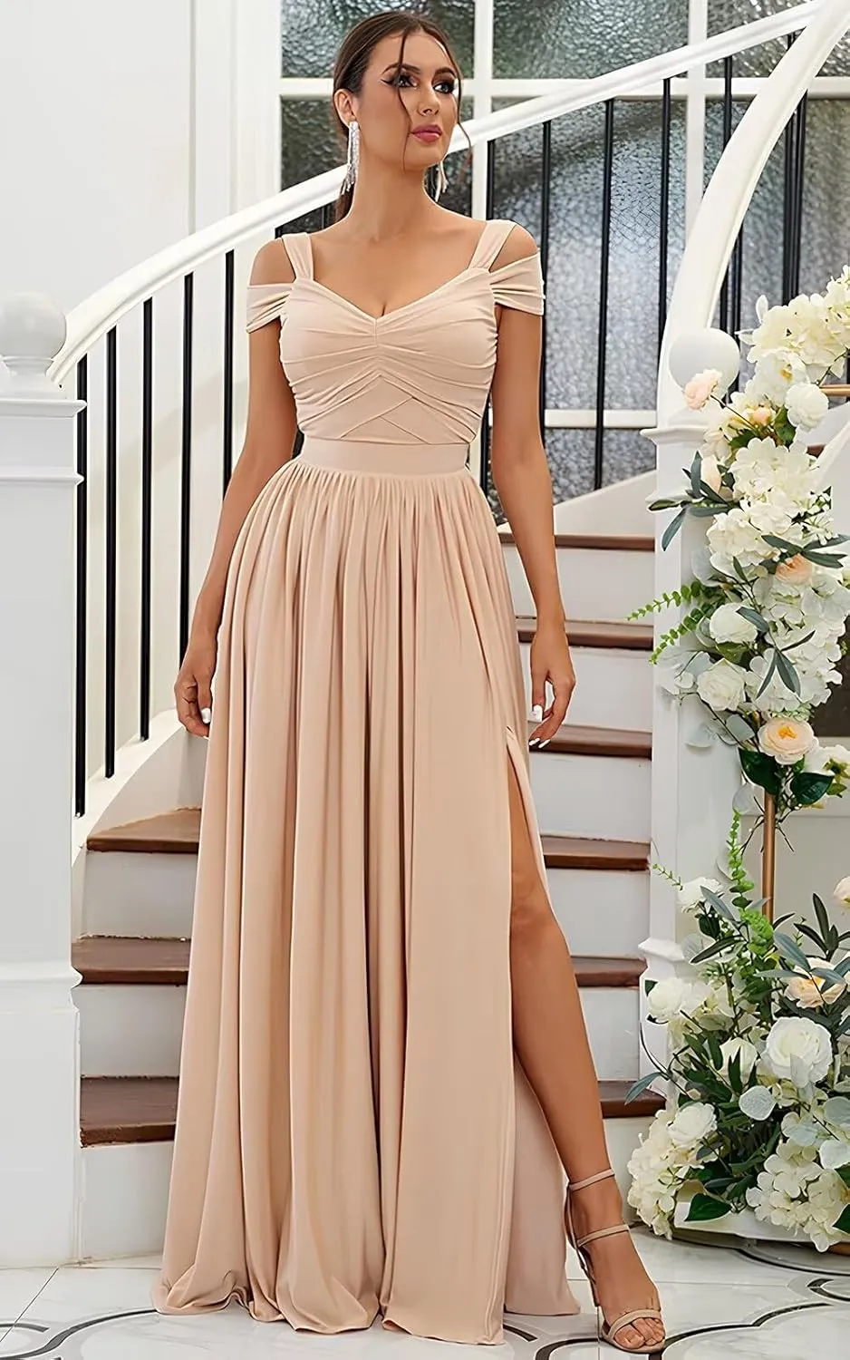 Off Shoulder Bridesmaid Dresses for Women Wedding Chiffon Formal Wedding Guest Dresses Maternity Dresses with Slit