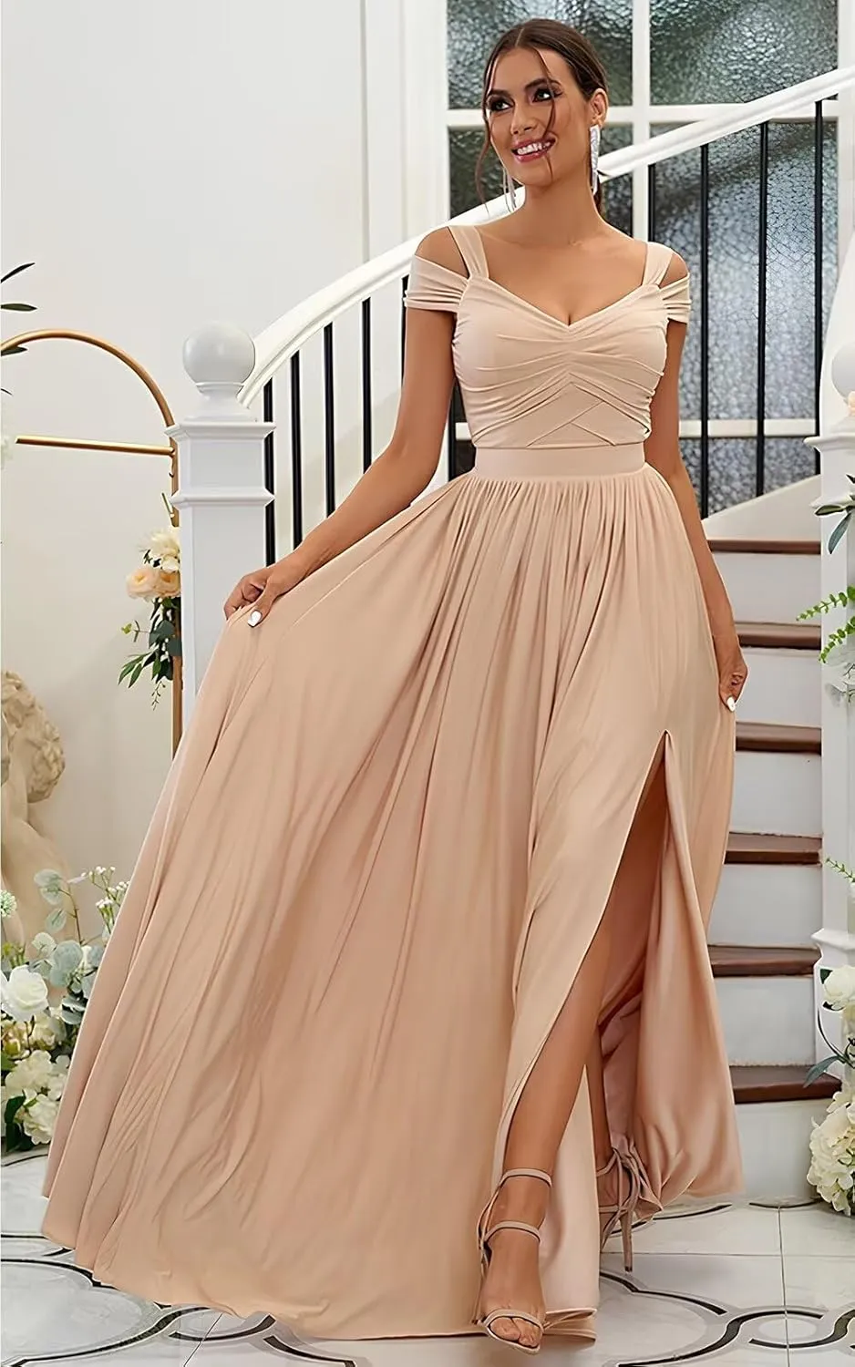 Off Shoulder Bridesmaid Dresses for Women Wedding Chiffon Formal Wedding Guest Dresses Maternity Dresses with Slit