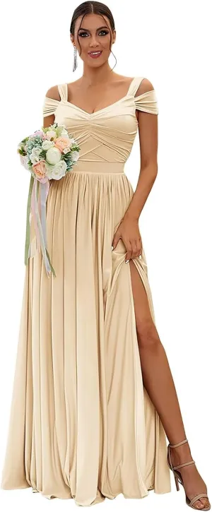 Off Shoulder Bridesmaid Dresses for Women Wedding Chiffon Formal Wedding Guest Dresses Maternity Dresses with Slit