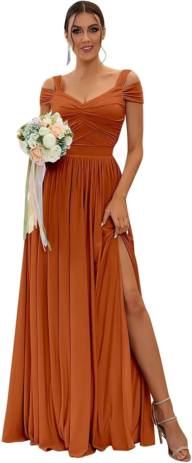 Off Shoulder Bridesmaid Dresses for Women Wedding Chiffon Formal Wedding Guest Dresses Maternity Dresses with Slit