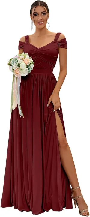 Off Shoulder Bridesmaid Dresses for Women Wedding Chiffon Formal Wedding Guest Dresses Maternity Dresses with Slit