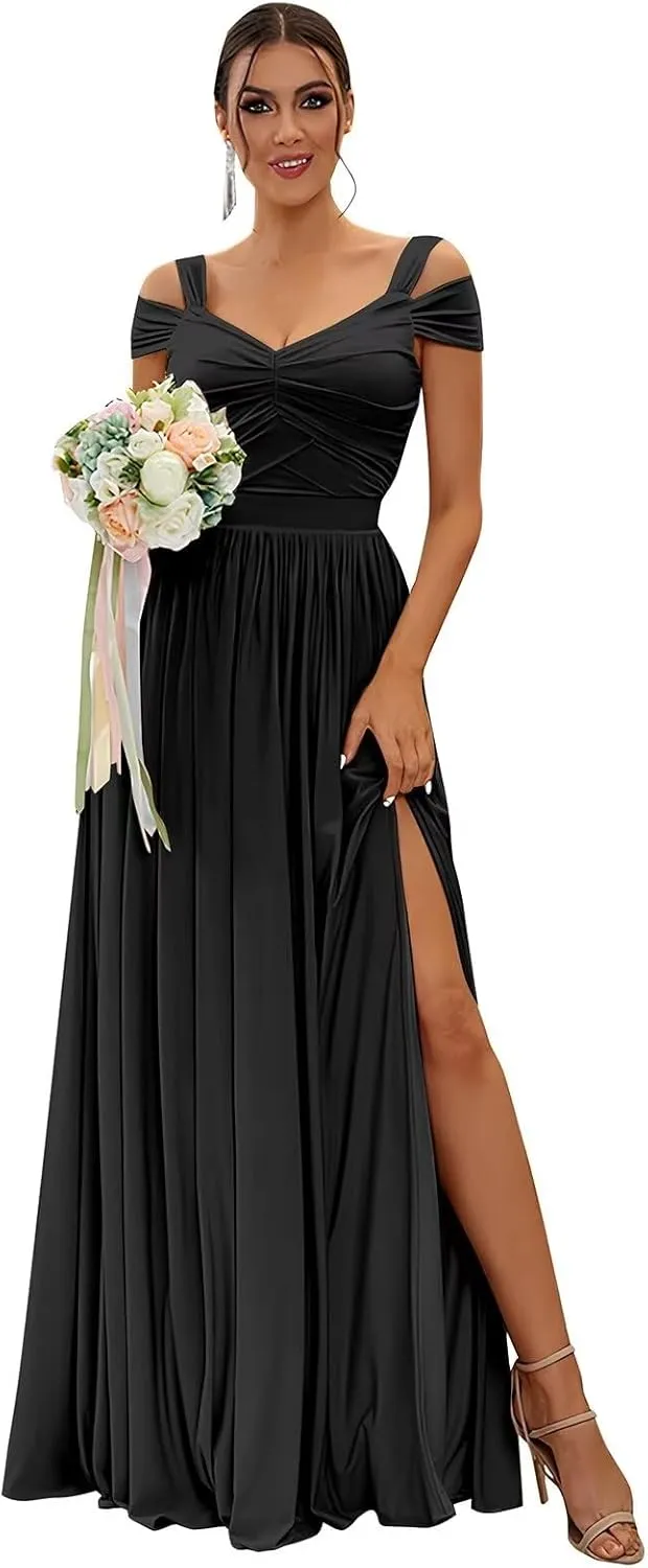Off Shoulder Bridesmaid Dresses for Women Wedding Chiffon Formal Wedding Guest Dresses Maternity Dresses with Slit
