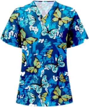 OIOLOYJM Scrubs for Women Animal Print Tops for Women V Neck Cartoon Pattern Short Sleeve Nursing Tops with Pockets