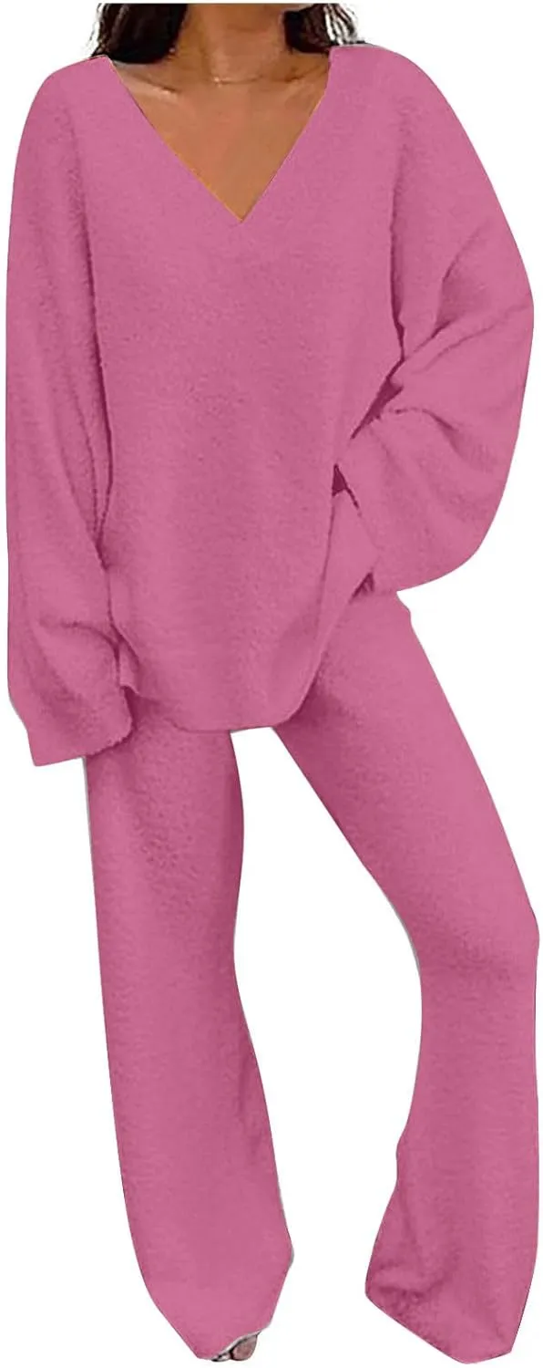 Outfits for Women 2 Piece Sets Lounge Sets Long Pants and V Neck Loose Pullover Soft Matching Loungewear Tracksuits
