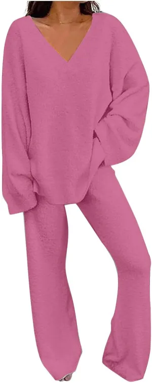 Outfits for Women 2 Piece Sets Lounge Sets Long Pants and V Neck Loose Pullover Soft Matching Loungewear Tracksuits
