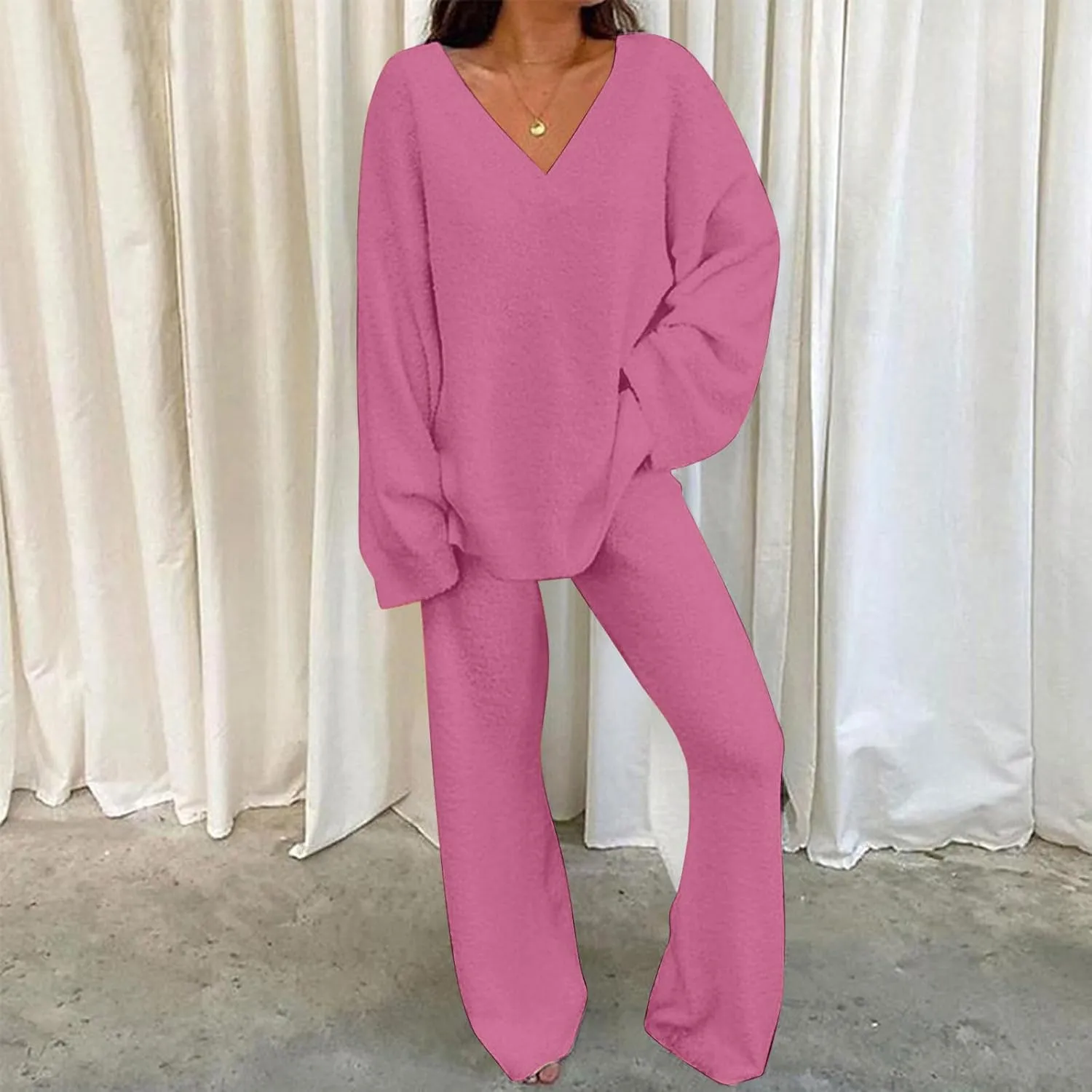 Outfits for Women 2 Piece Sets Lounge Sets Long Pants and V Neck Loose Pullover Soft Matching Loungewear Tracksuits