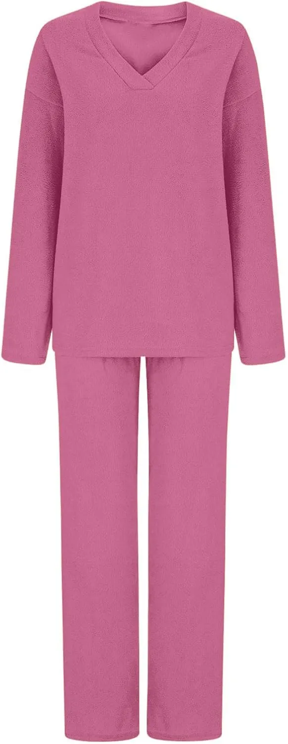 Outfits for Women 2 Piece Sets Lounge Sets Long Pants and V Neck Loose Pullover Soft Matching Loungewear Tracksuits