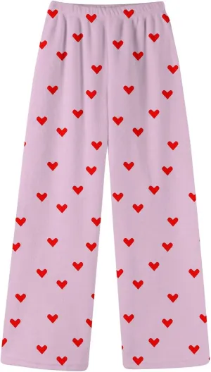 Pajama Pants Women Valentine Flannel Pajamas Lounge Fuzzy Wide Leg Pants Casual Heart Print Elastic Waist Trousers