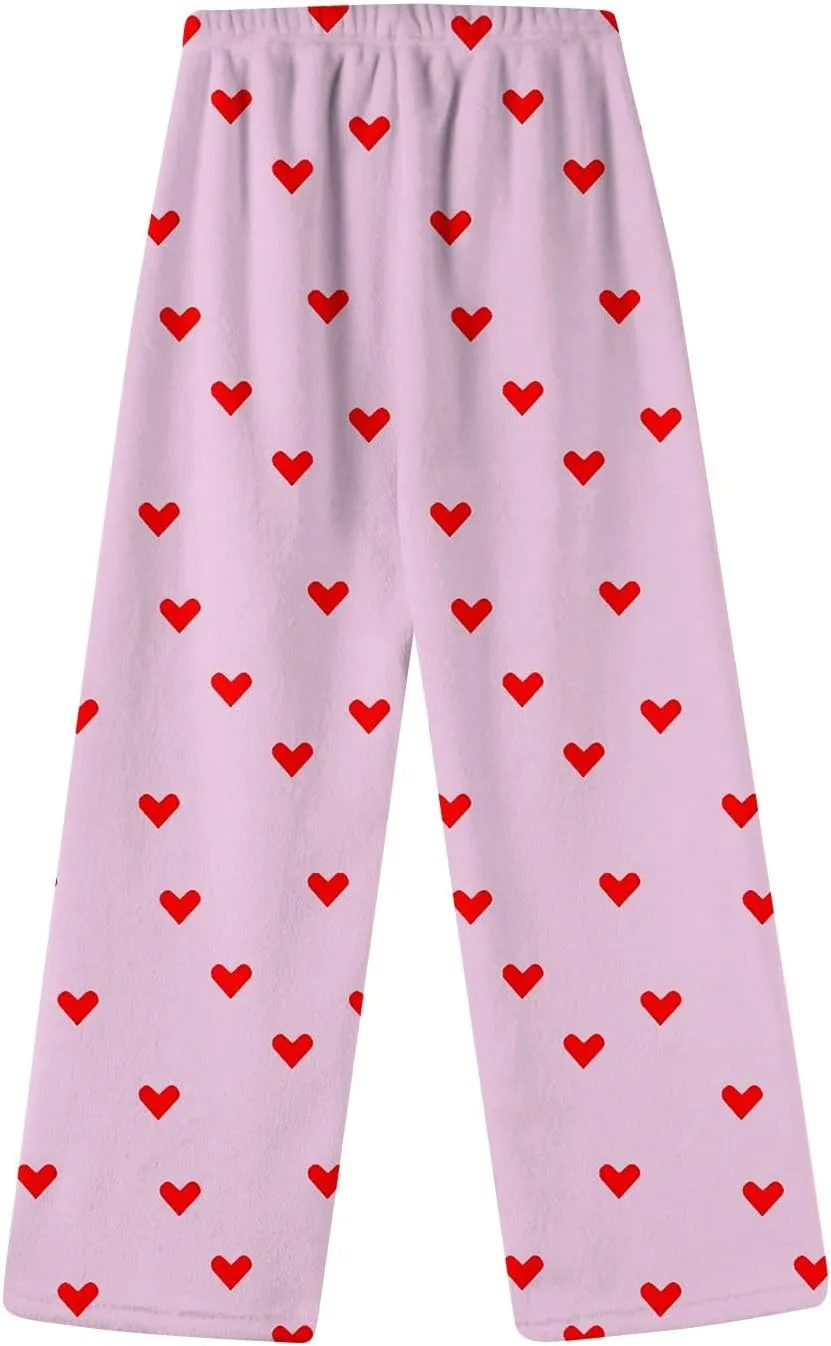 Pajama Pants Women Valentine Flannel Pajamas Lounge Fuzzy Wide Leg Pants Casual Heart Print Elastic Waist Trousers