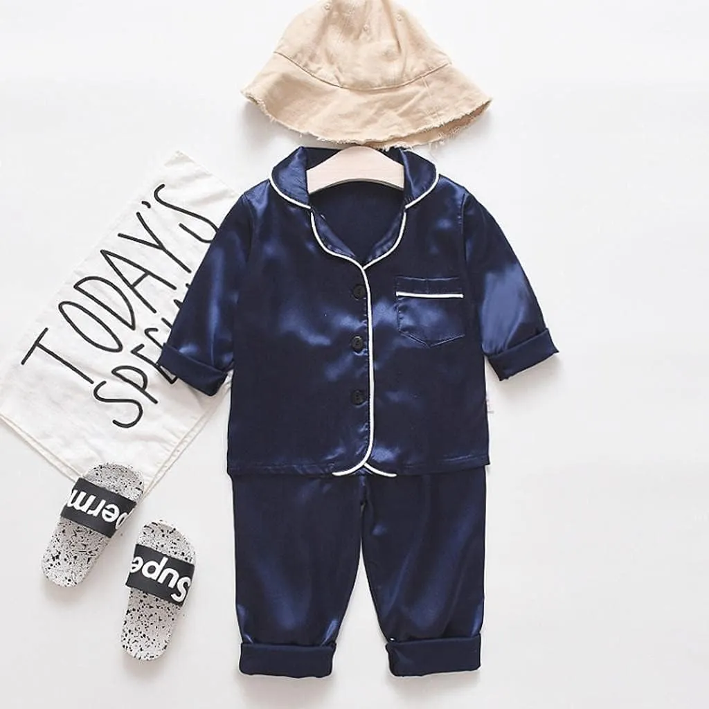 Pajama Set for Kid Baby Boy Girl Button-up Silk Pajama Sleepwear Nightwear Loungewear Clothes Set Gifts for Kids