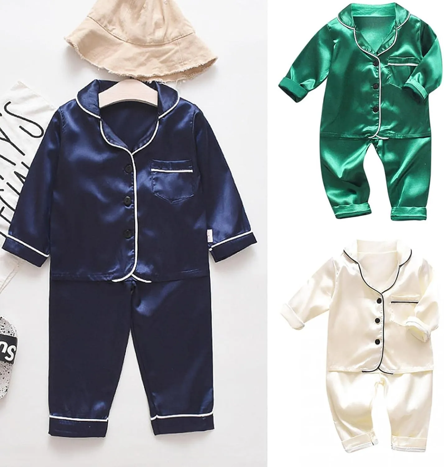 Pajama Set for Kid Baby Boy Girl Button-up Silk Pajama Sleepwear Nightwear Loungewear Clothes Set Gifts for Kids