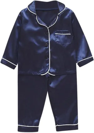 Pajama Set for Kid Baby Boy Girl Button-up Silk Pajama Sleepwear Nightwear Loungewear Clothes Set Gifts for Kids