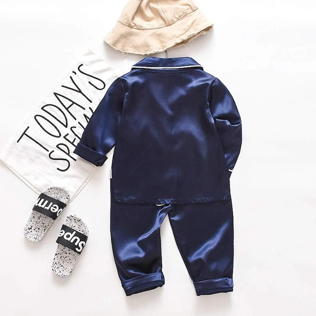 Pajama Set for Kid Baby Boy Girl Button-up Silk Pajama Sleepwear Nightwear Loungewear Clothes Set Gifts for Kids