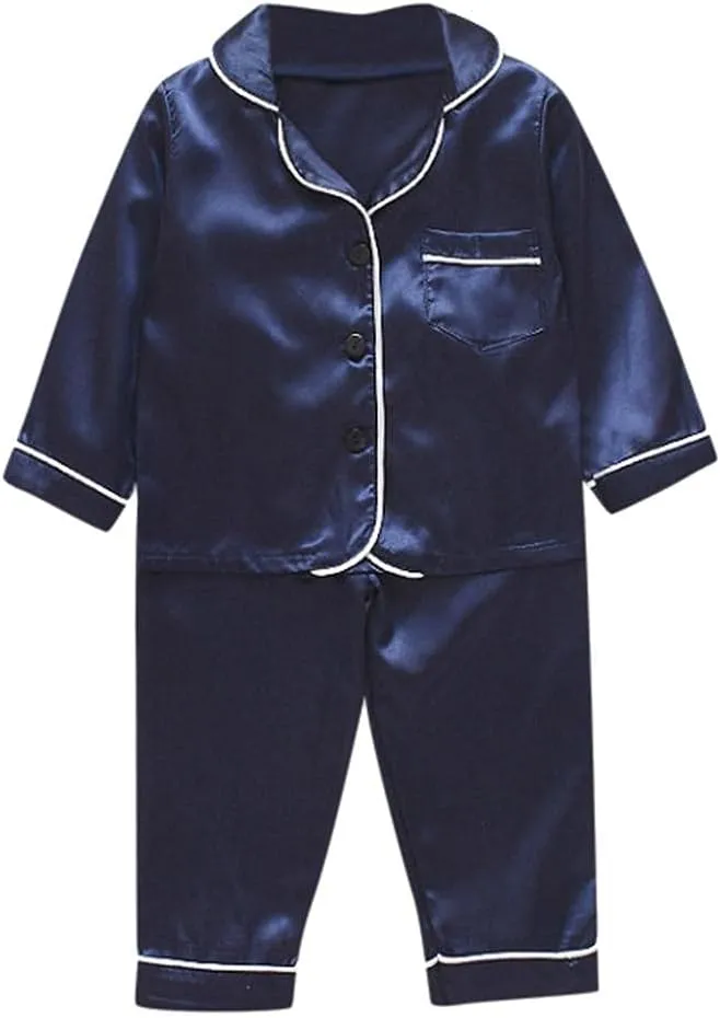 Pajama Set for Kid Baby Boy Girl Button-up Silk Pajama Sleepwear Nightwear Loungewear Clothes Set Gifts for Kids