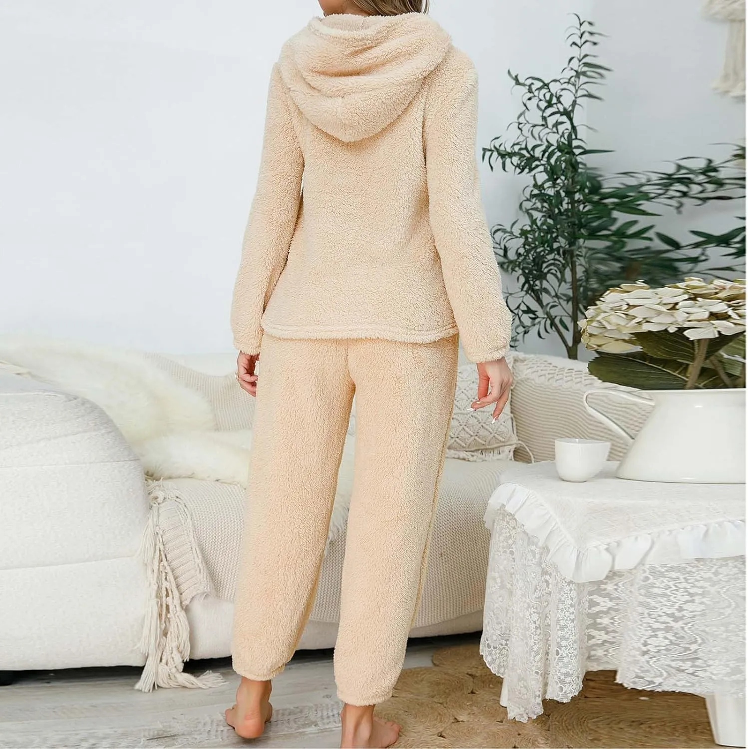 Pajama Sets for Women Winter Fuzzy Sleepwear Set Long Sleeve Zip Top and Jogger Pants Warm Lounge Sets with Hood