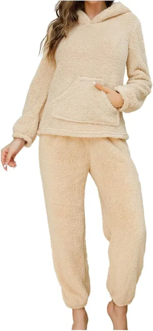 Pajama Sets for Women Winter Fuzzy Sleepwear Set Long Sleeve Zip Top and Jogger Pants Warm Lounge Sets with Hood