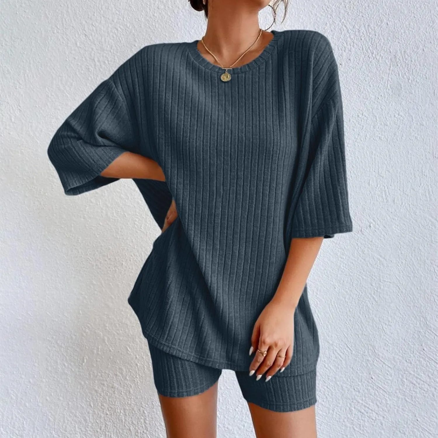 Pajamas 2 Piece Lounge Sets Ribbed Knit Matching Outfits T-Shirt Biker Shorts Sleepwear Loungewear Sweatsuits